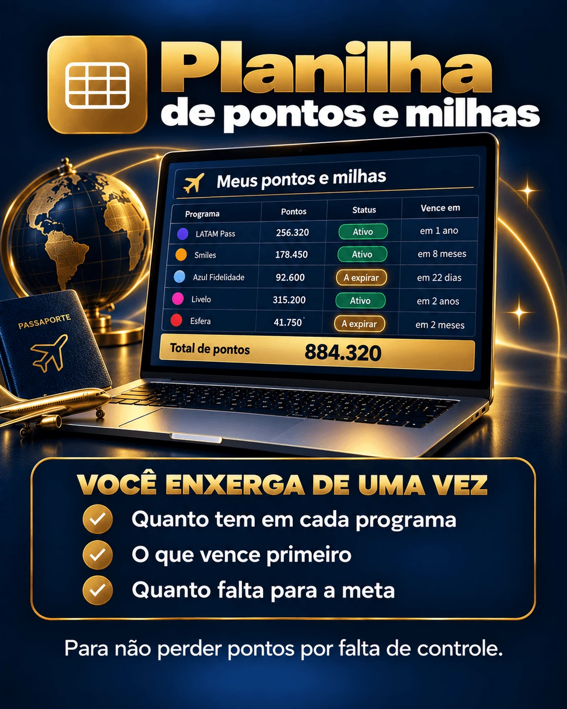 Bônus 3. Planilha de pontos e milhas, onde você enxerga de uma vez quanto tem em cada programa, o que vence primeiro e quanto falta para a meta.