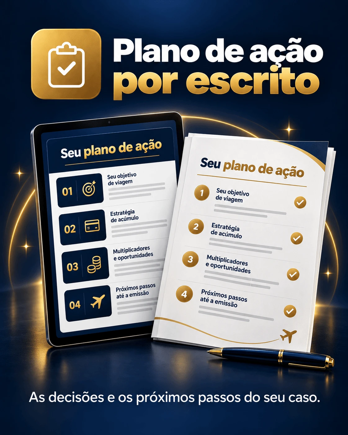 Plano de ação por escrito, com o seu objetivo de viagem, a estratégia de acúmulo, os multiplicadores e os próximos passos até a emissão.